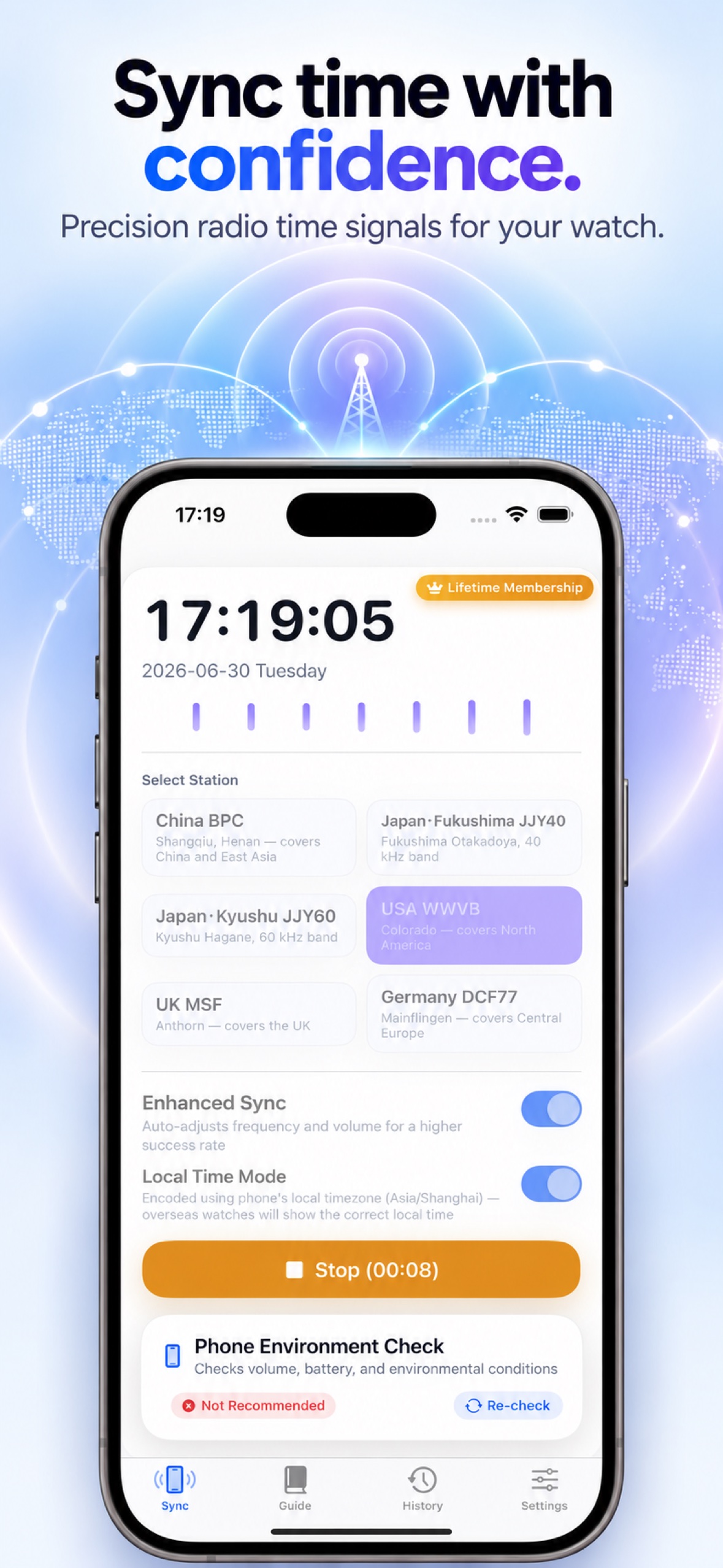 TimeWave app promotional screenshot — Signal sync