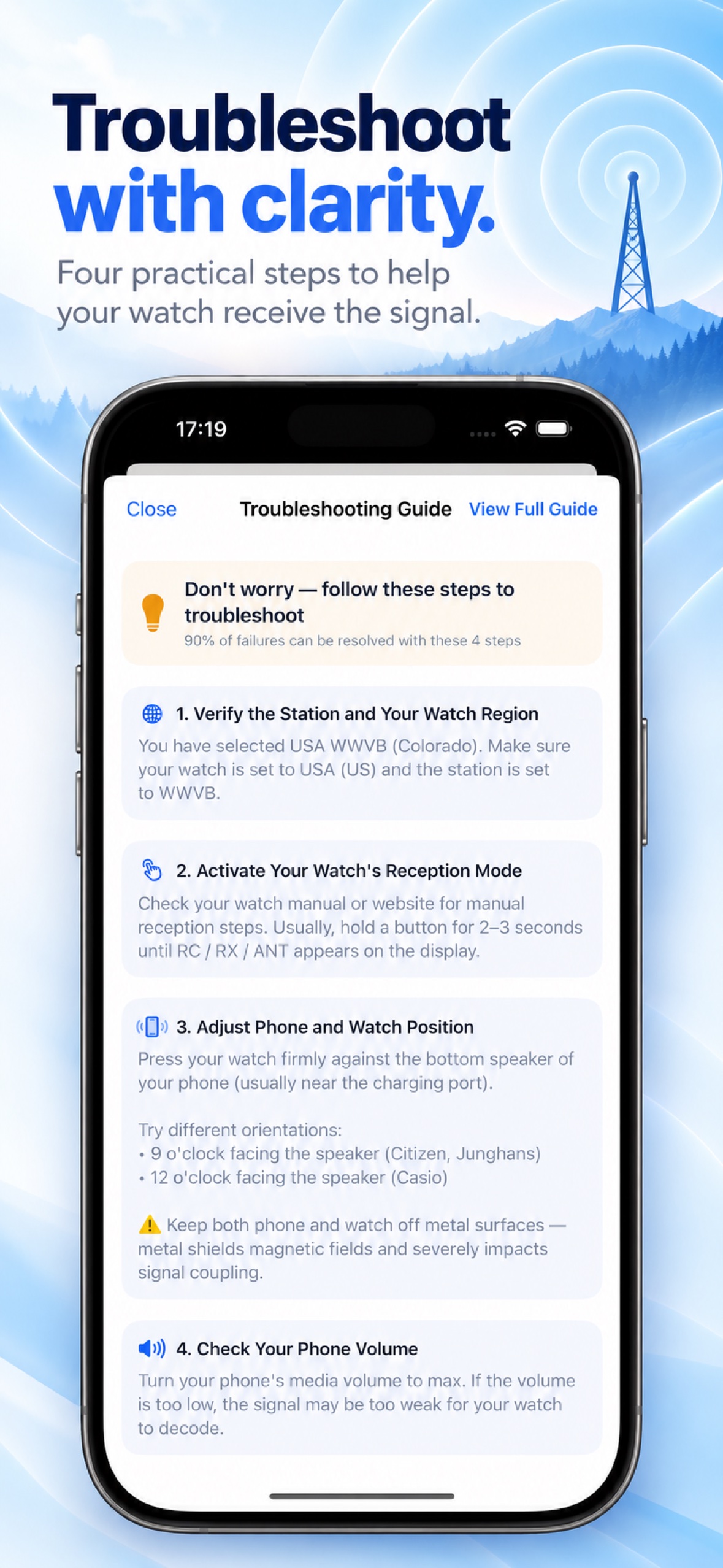 TimeWave app promotional screenshot — Troubleshooting