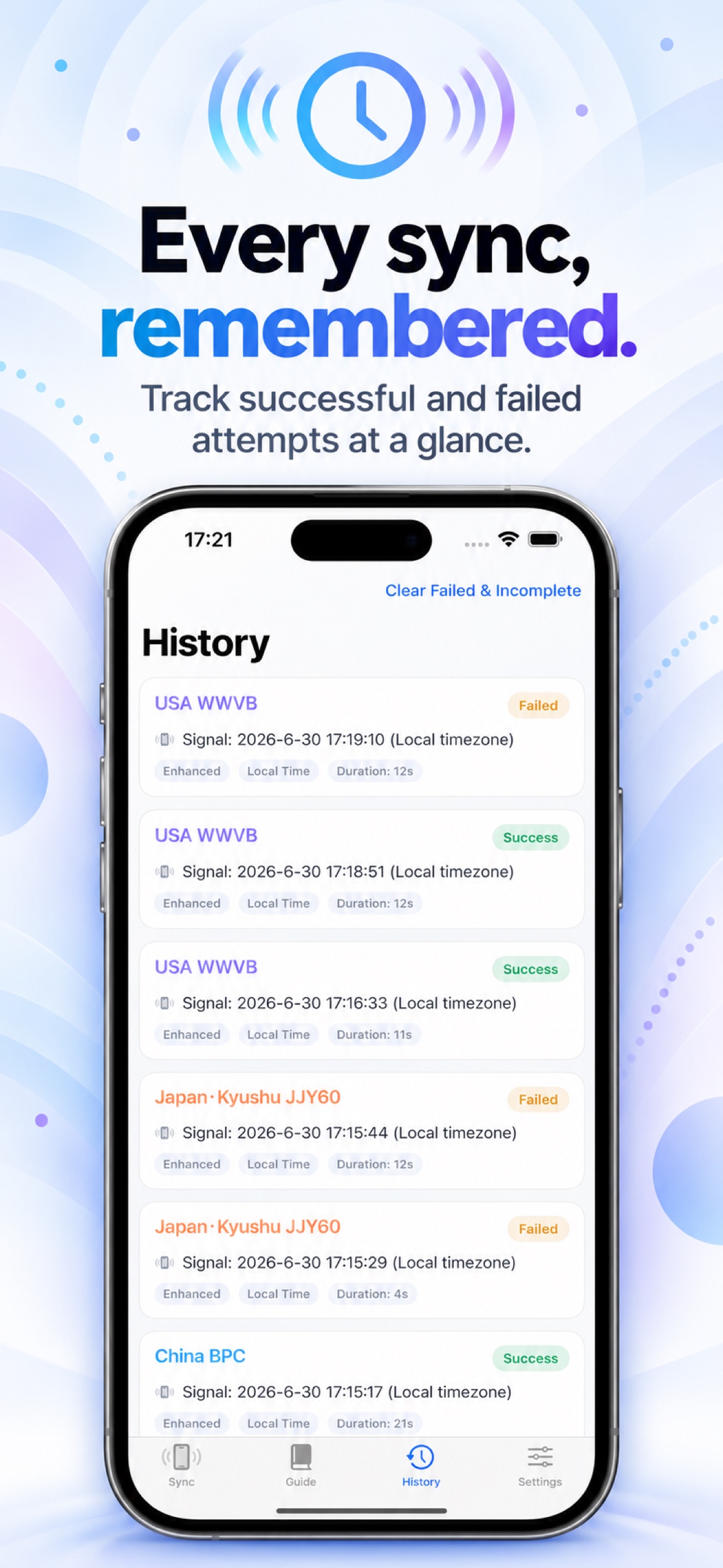 TimeWave app promotional screenshot — Sync history