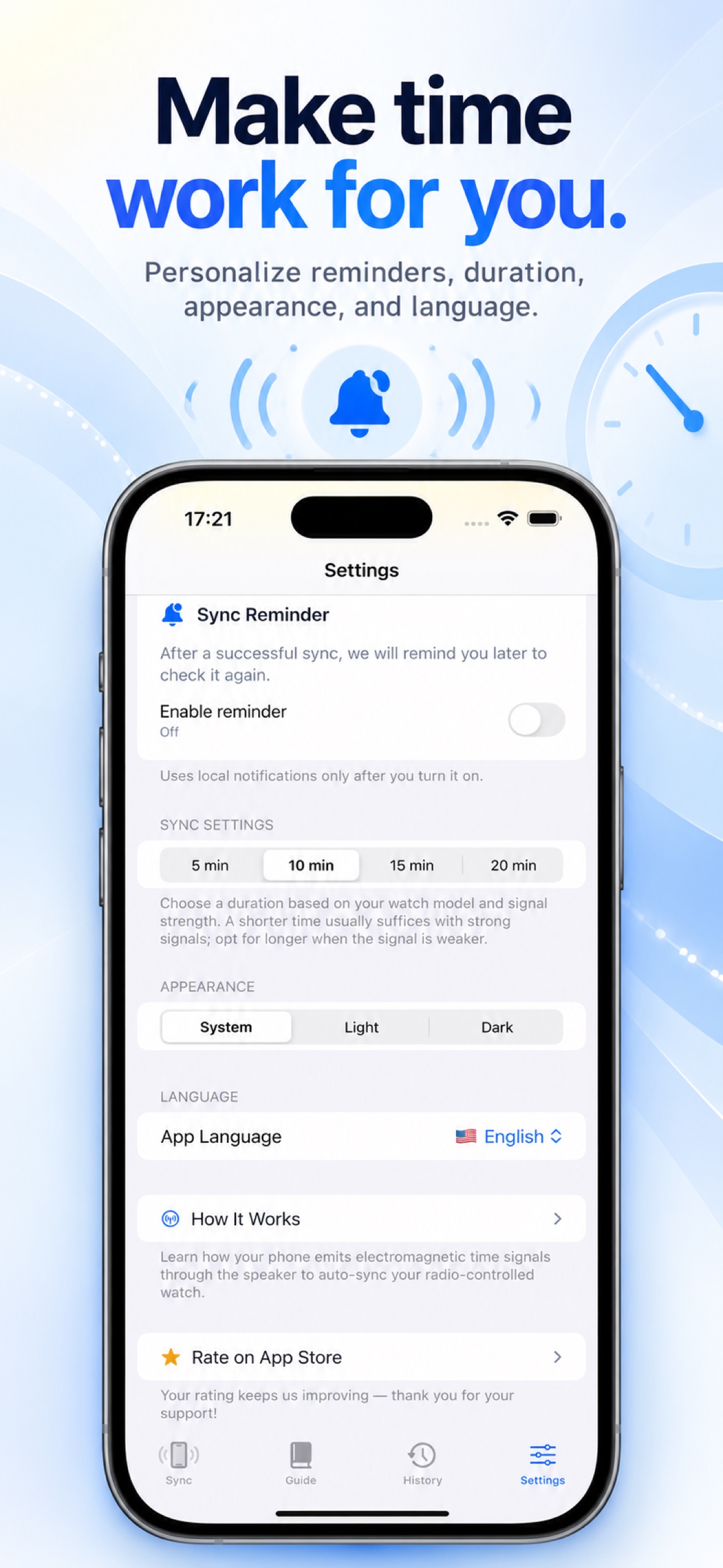 TimeWave app promotional screenshot — Personal settings